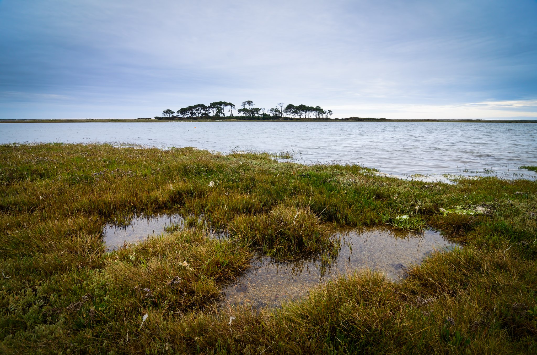 Vue sur l'île aux Pins dans la petite mer de Gâvres à Riantec